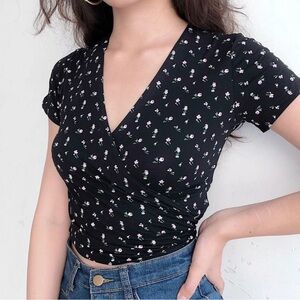 Sinora Black V-Neck Floral Tie Shirt